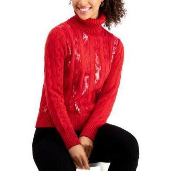 Charter Club Sequin-Stripe Turtleneck Sweater Ravishing Red M - Picture 1 of 1